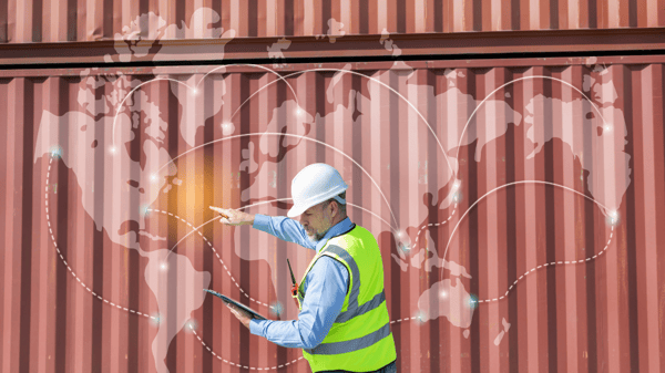 Man looking at map projected on container aided by GNSS GPS Wi-Fi