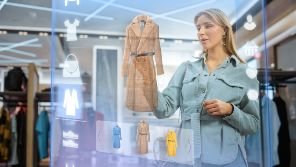 Woman shopping with IoT and 3D Augmented Reality Digital Interface